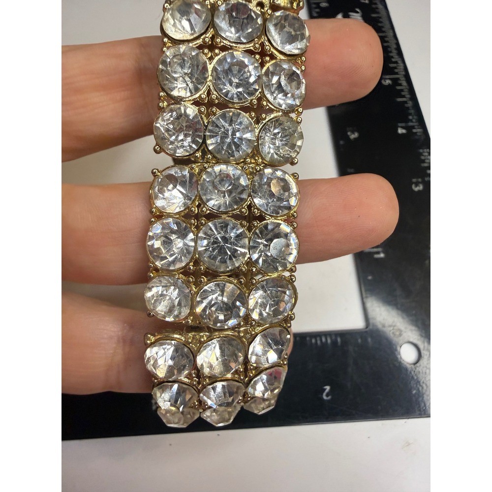 Gold Tone Triple Row Clear Crystal Stretch Statement Bracelet Glamour Sparkle